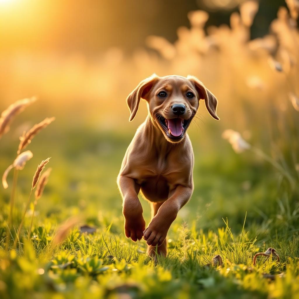 Boldog vizsla kölyök napsütötte réten