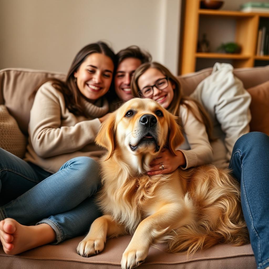 Család ölelgeti a golden retrieverüket